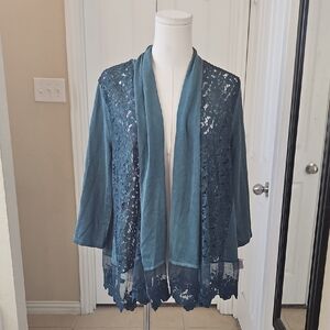 Indigo Thread Co. Elegant Teal Lace Cardigan Sweater